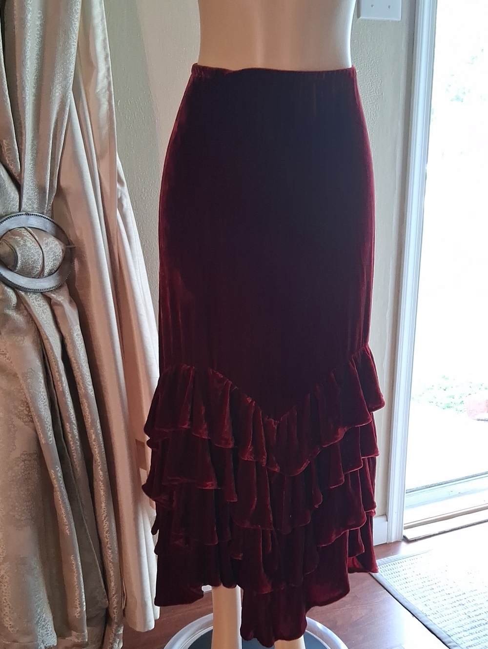 Double D Ranch Wine Red Velvet Asymmetrical Ruffle Skirt